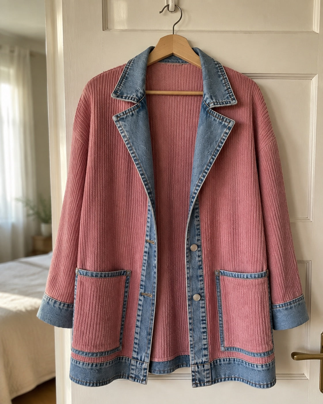 Chaqueta Liora rosa colgada en una puerta