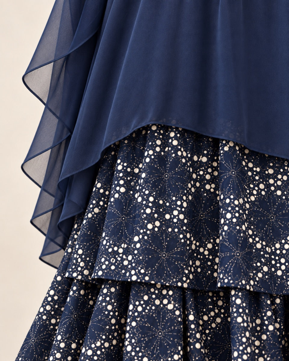 Detalle de la superposición del cuerpo azul marino sobre la falda estampada de Lara