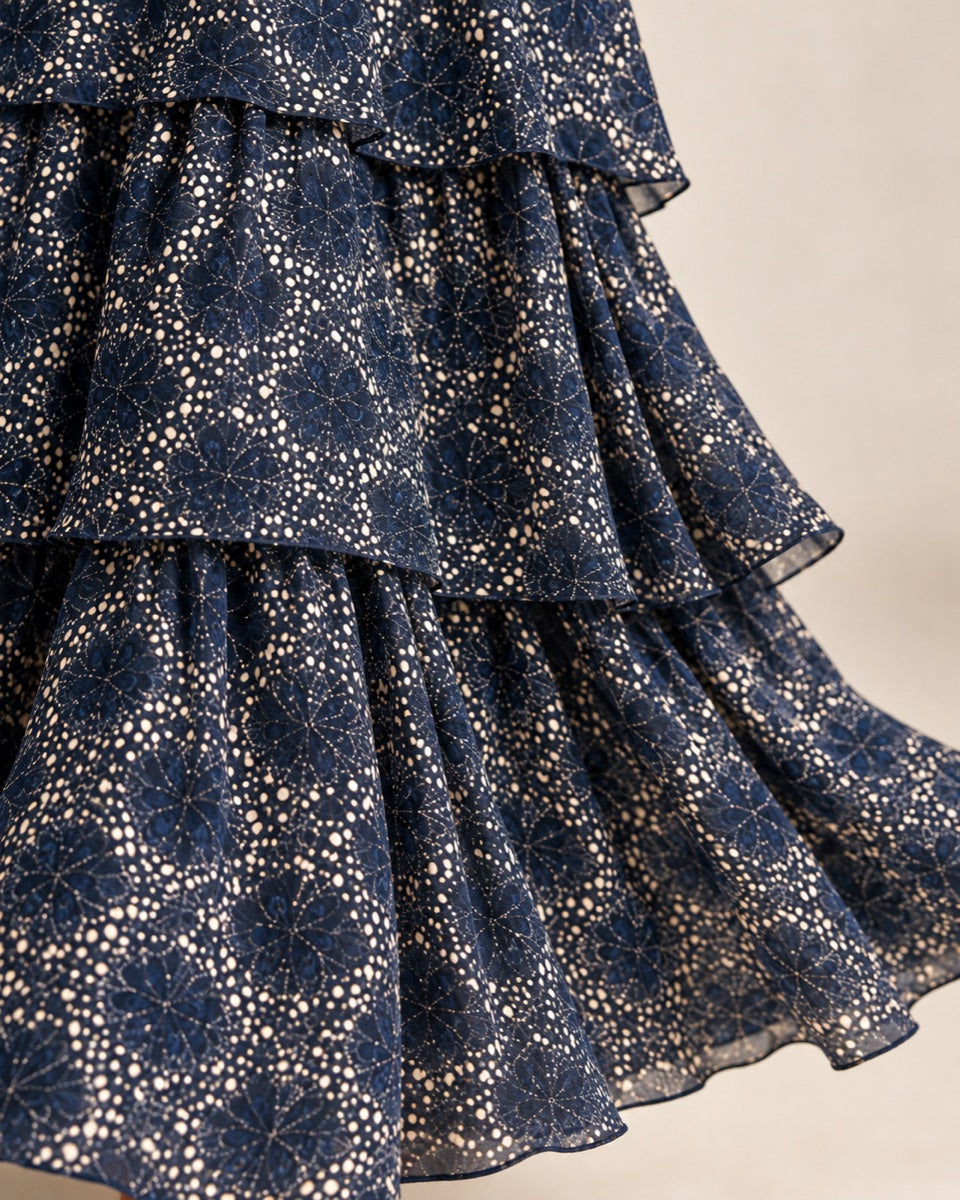 Primer plano del tejido estampado azul marino de la falda del vestido Lara